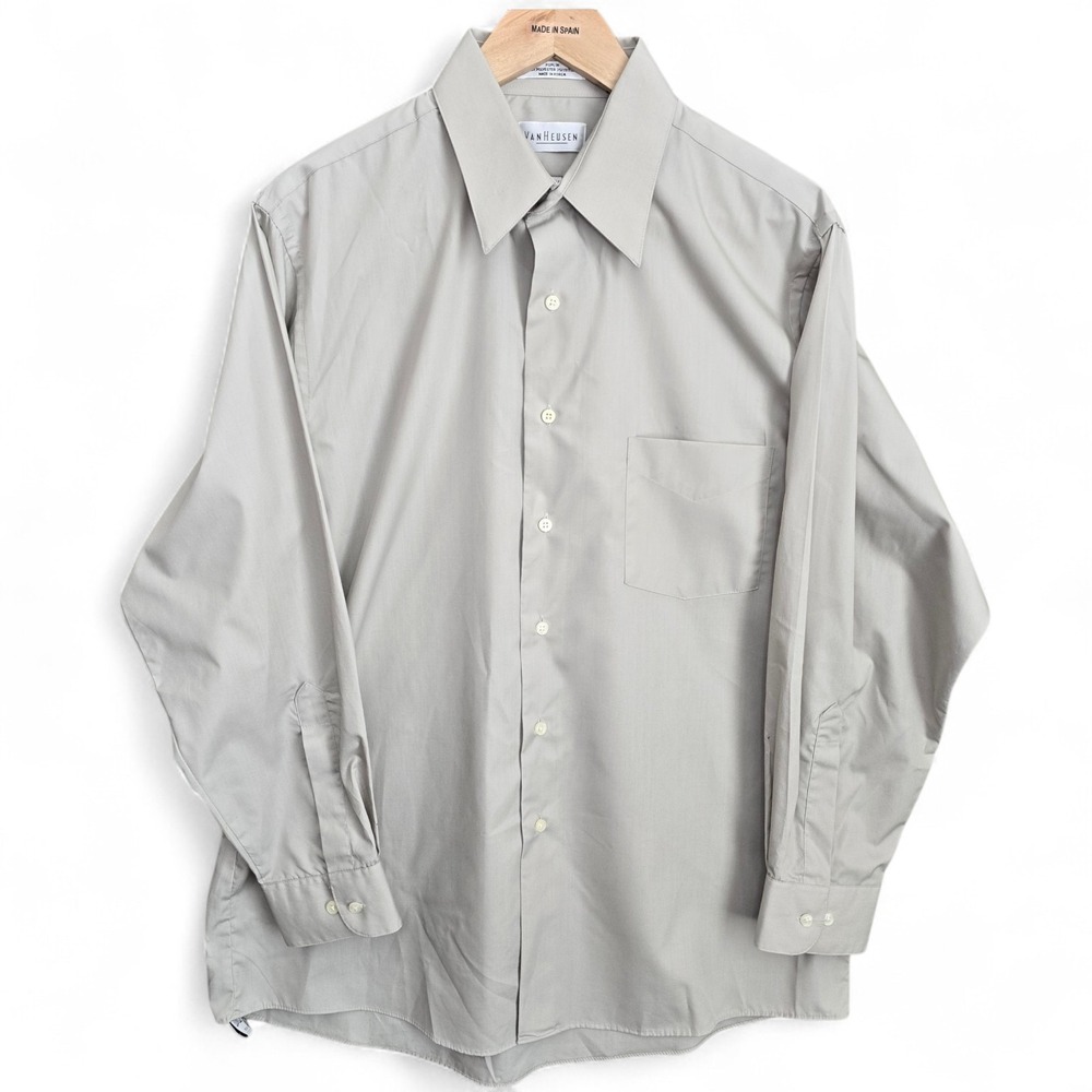 Van Heusen Dress Shirt Mens 16 32/33 Large Beige Button Wrinkle Free Poplin